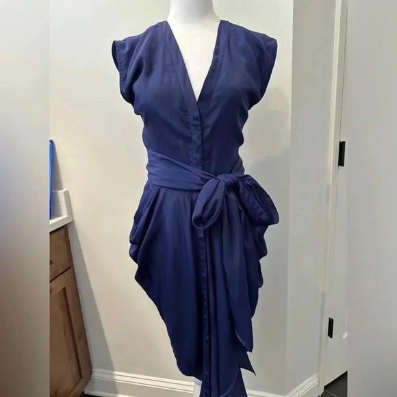 Rungolee Cocktail Dress Short Mini Blue Drape with wrap tie sash Small - Picture 1 of 5